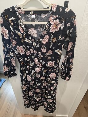 Old Navy Black Midi Dress with Pink Floral Print
